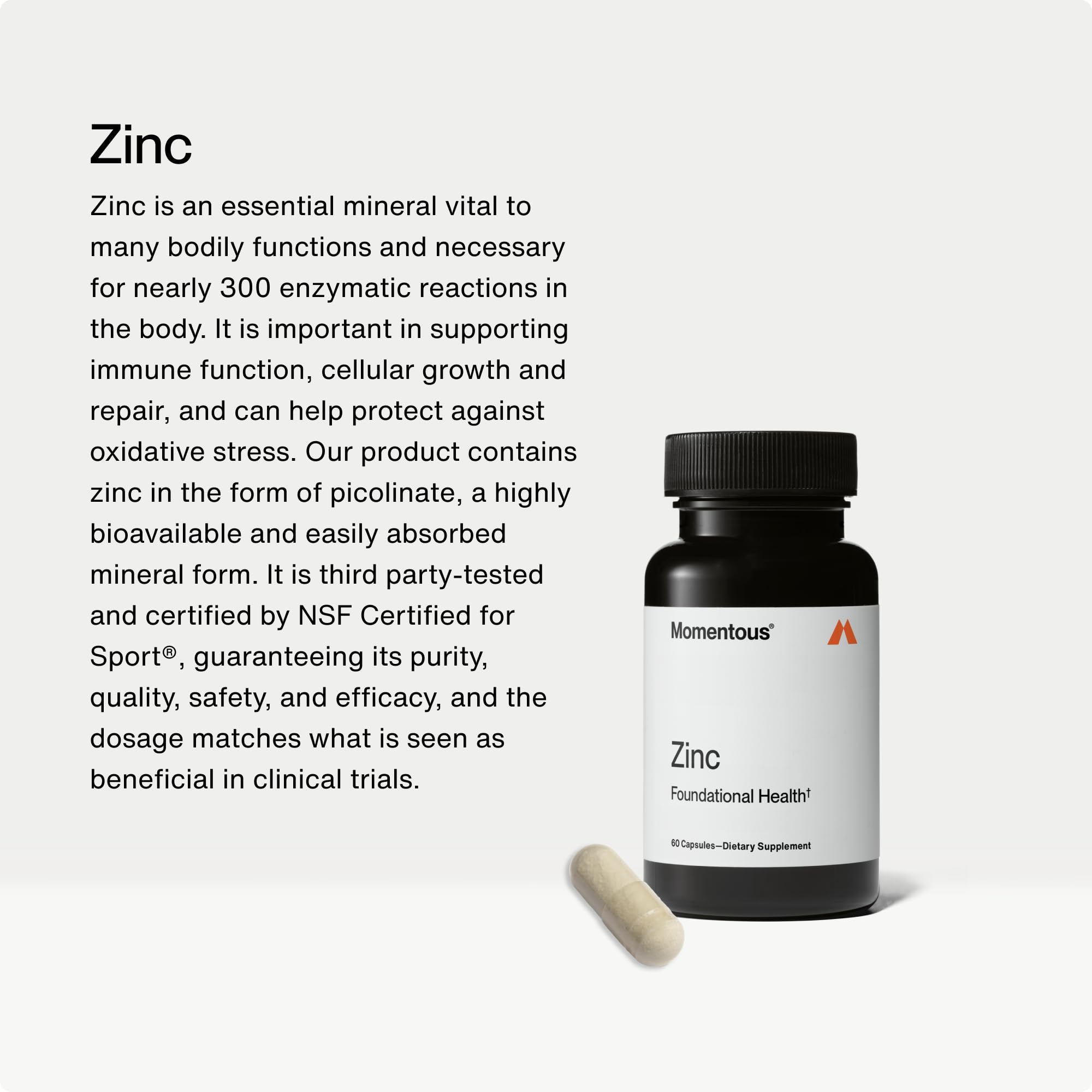 Capsula de Momentous Zinc Picolinate en primer plano mostrando tamaño y acabado