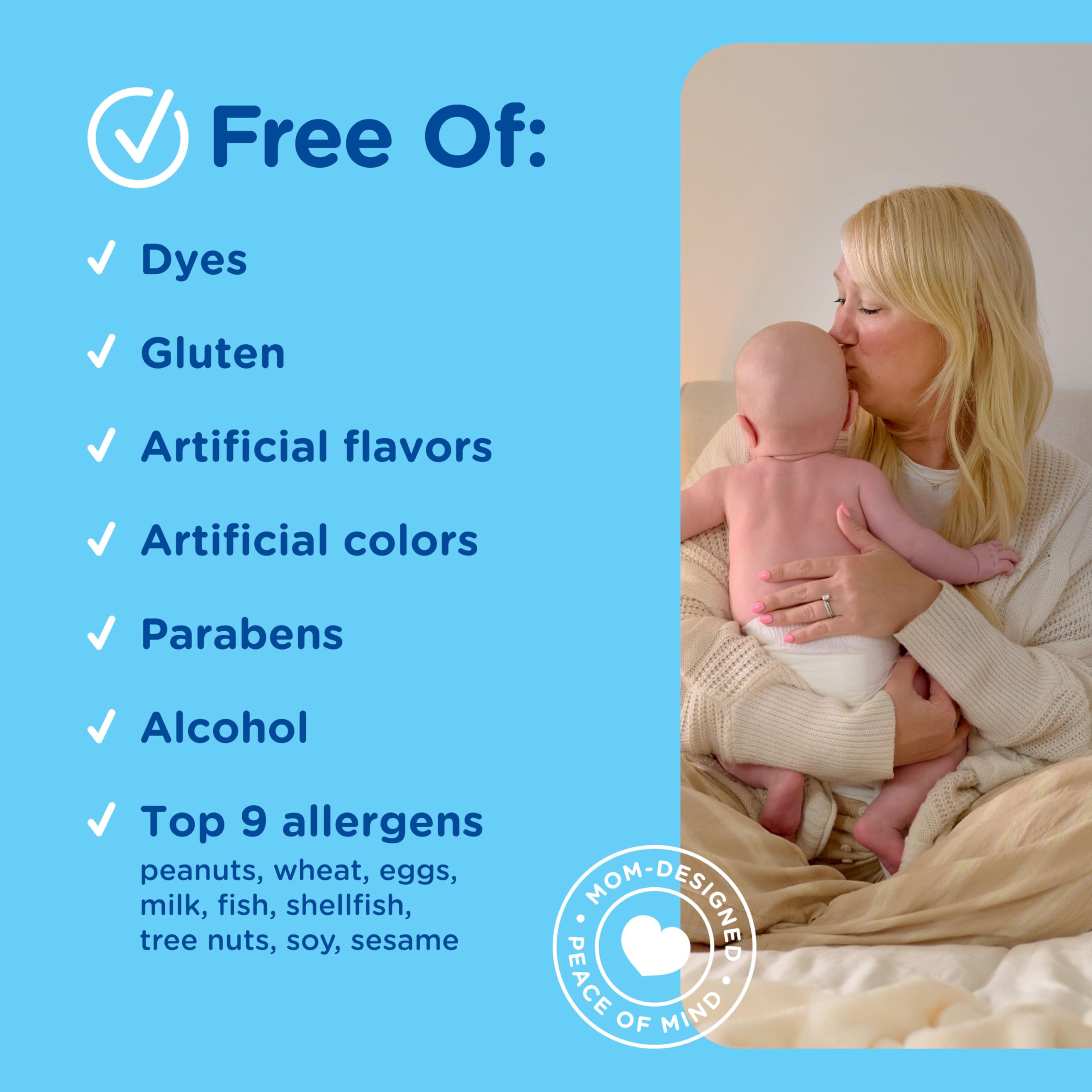 Mommy's Bliss etiqueta con sellos USDA Organic y certificación NSF visibles