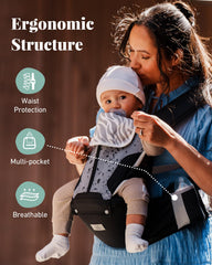 Parent wearing MOMTORY carrier in front-facing-in position demonstrating hands-free bonding and mobility