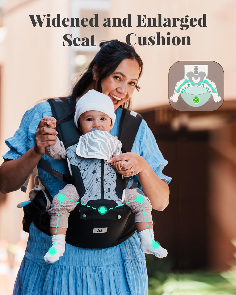MOMTORY shoulder strap padding close-up showing cushioned support to reduce caregiver shoulder strain