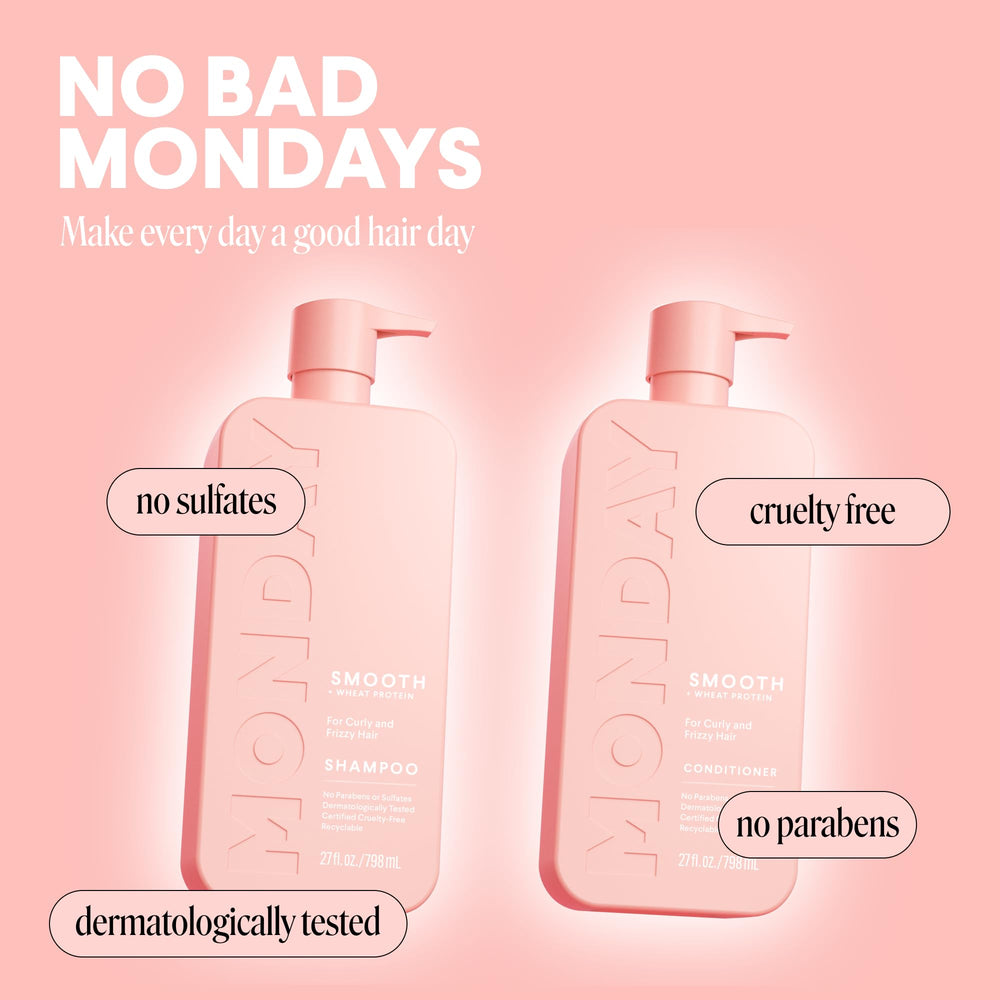 MONDAY HAIRCARE botellas destacando 100% reciclables y compromiso ambiental