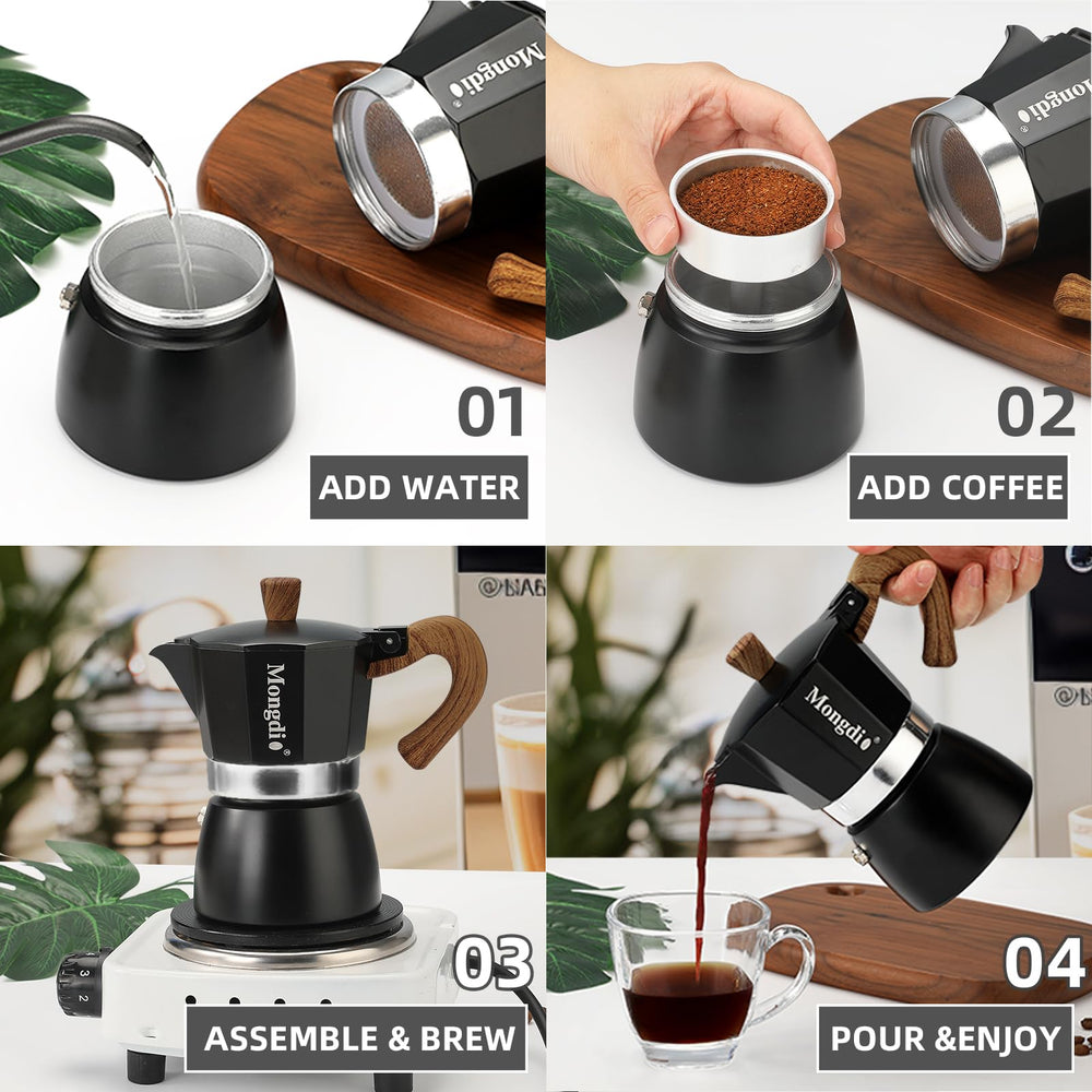 Mongdio taza junto a la cafetera mostrando la escala de 6 tazas