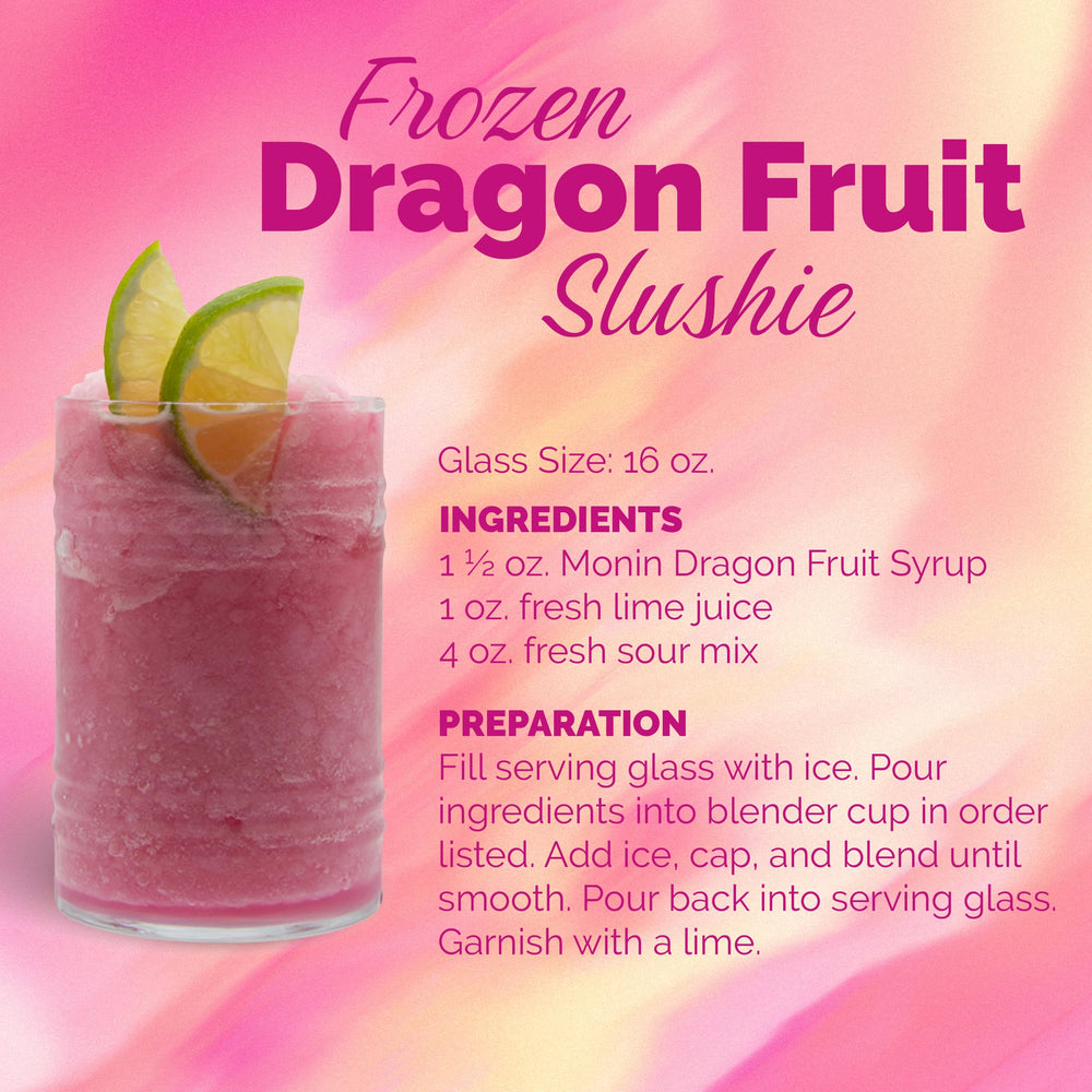 Etiqueta Monin Dragon Fruit con ingredientes y certificaciones clara y visible