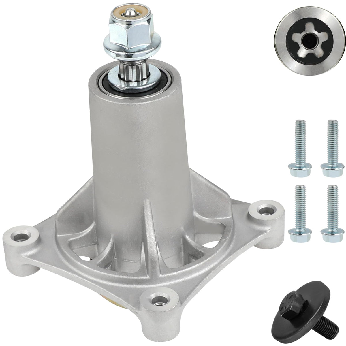 MONKEMON spindle front view showing mounting holes and durable finish for easy replacement