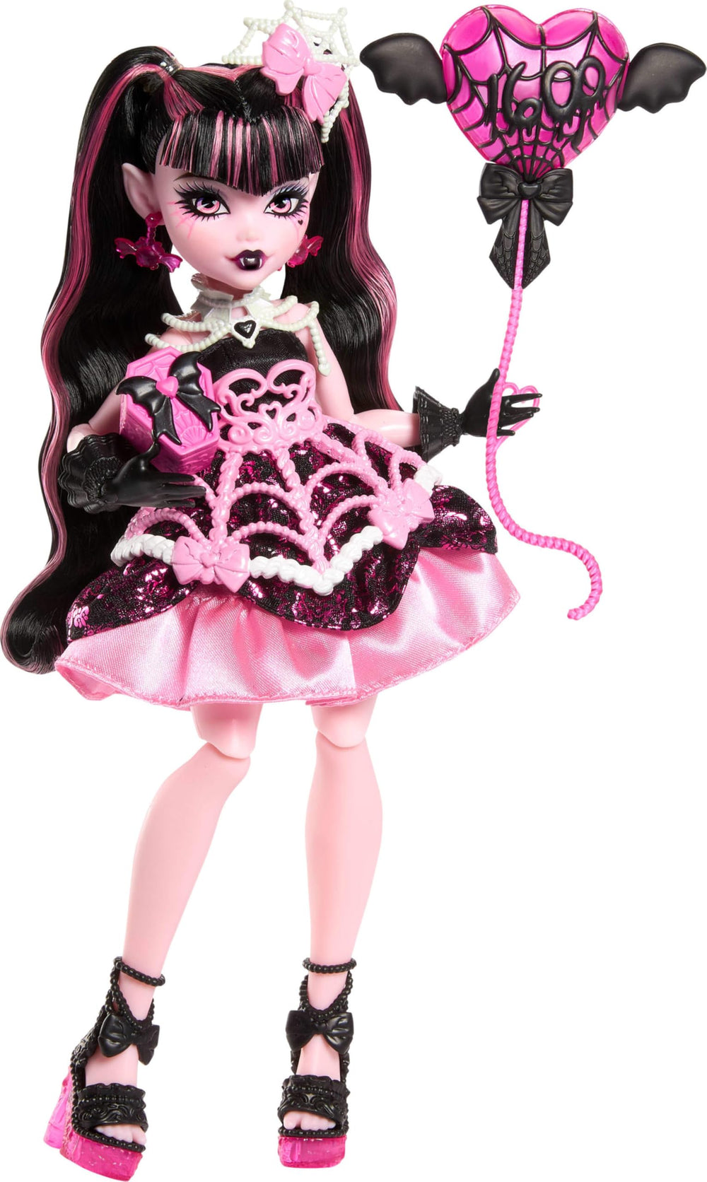 Monster High Draculaura frente en empaque mostrando estilo de fiesta