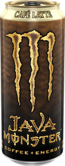 Monster Java Café Latte close-up de textura cremosa, sabor clásico notable
