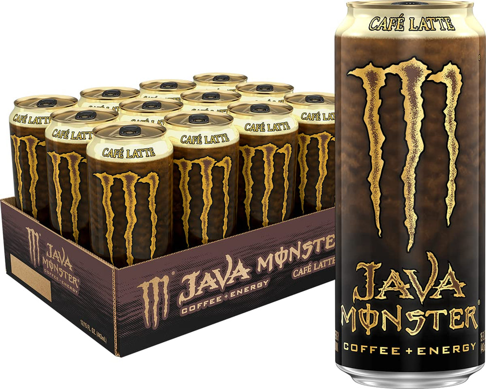 Monster Java Café Latte vista frontal en lata, conveniencia lista para beber