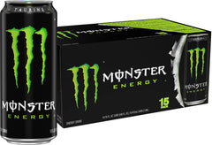 Monster lata verde frente pack de 15 mostrando diseño y conveniencia