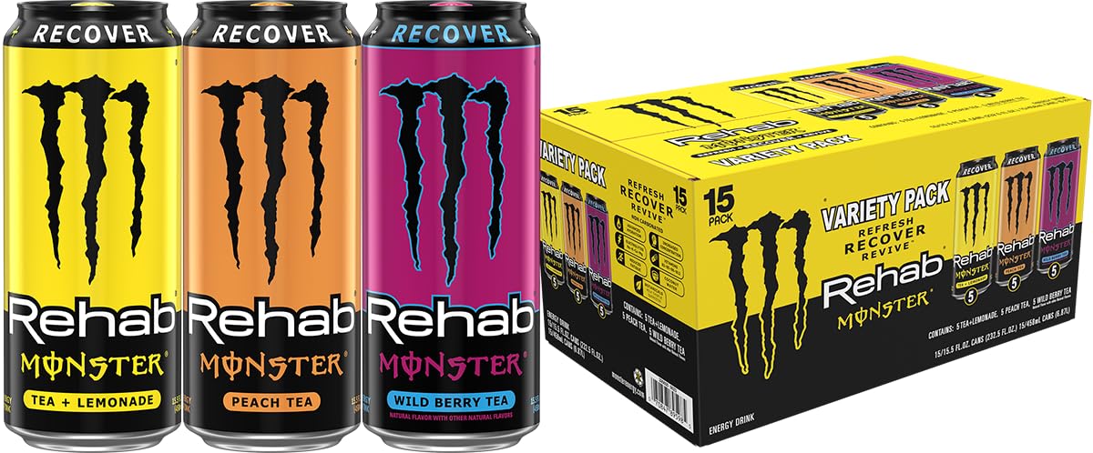 Monster Rehab variety pack front view showing three flavor cans and benefits