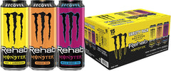 Monster Rehab variety pack front view showing three flavor cans and benefits