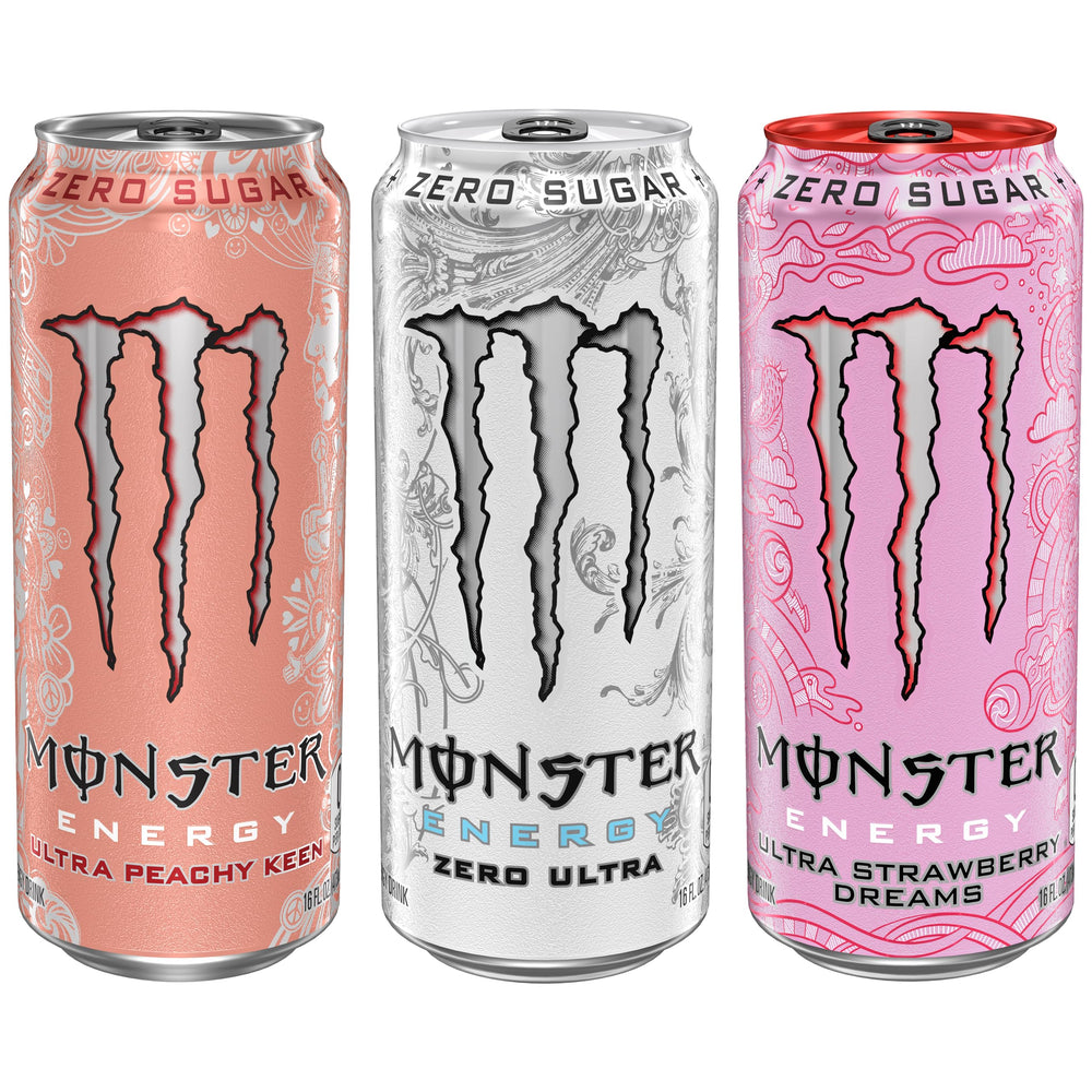 Monster lata en mano para comparar tamaño 16 oz, escala práctica para consumo