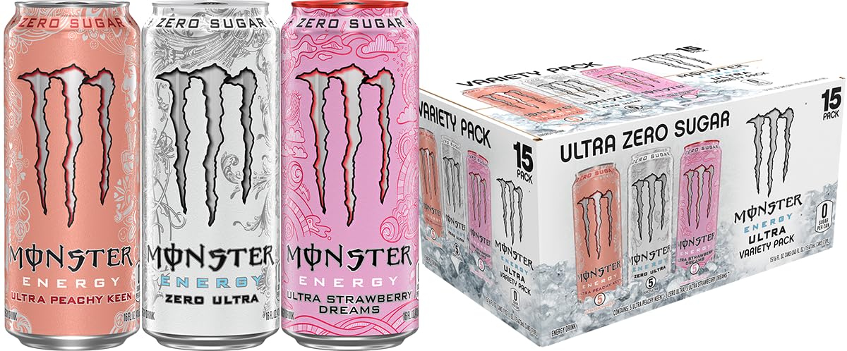 Monster lata frontal del pack mostrando tres sabores y diseño reconocible, energía sin azúcar