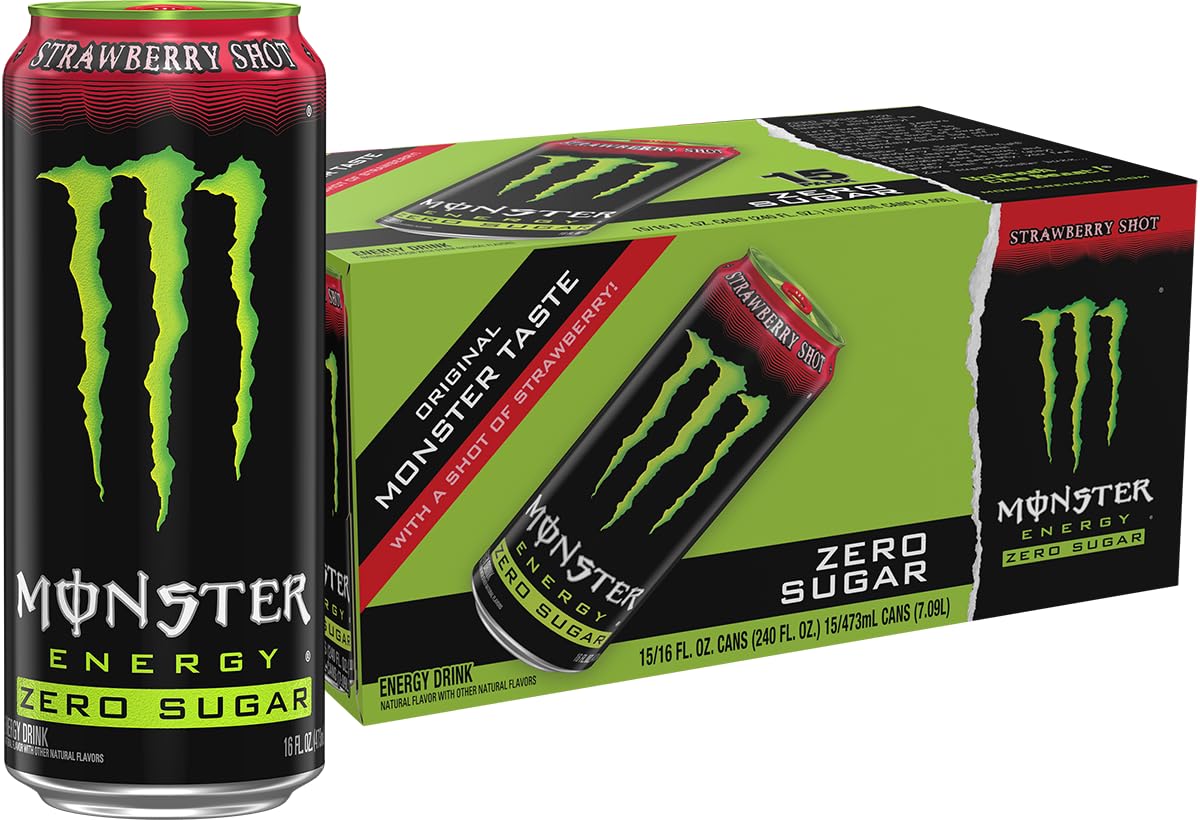 Monster lata frontal muestra diseño verde y sabor fresa, energía sin azúcar