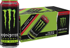 Monster lata frontal muestra diseño verde y sabor fresa, energía sin azúcar