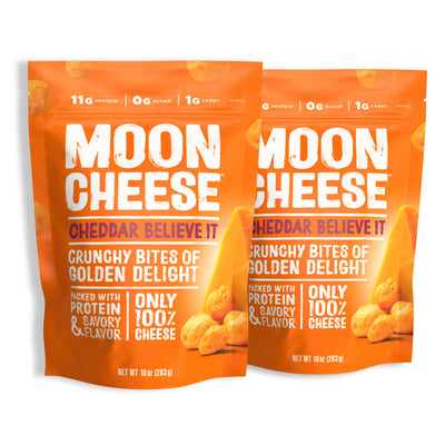 Moon Cheese front packaging showing 2-pack and cheddar branding for convenient snacking