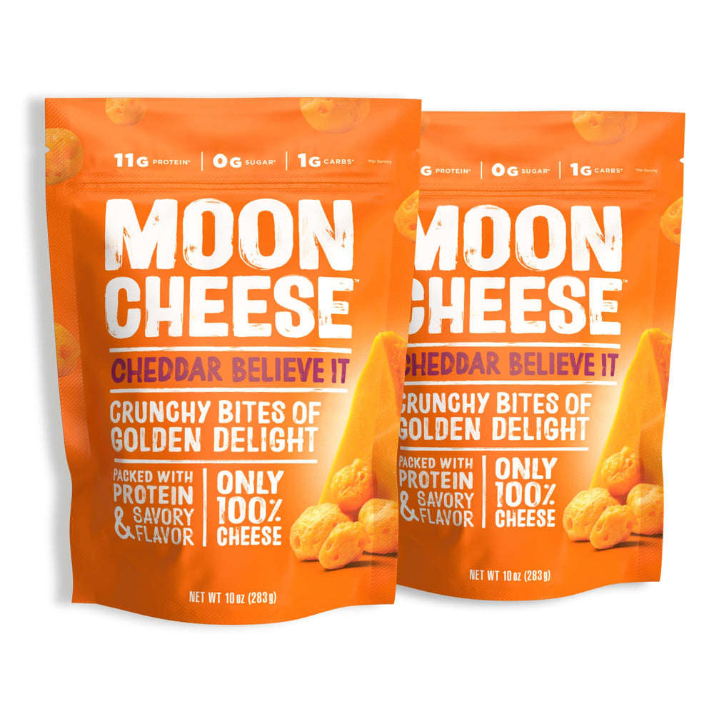 Moon Cheese front packaging showing 2-pack and cheddar branding for convenient snacking