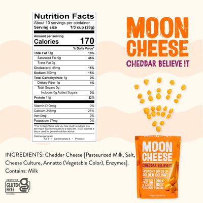 Moon Cheese next to a hand and ruler showing 10-ounce portion size for scale