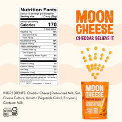 Moon Cheese next to a hand and ruler showing 10-ounce portion size for scale
