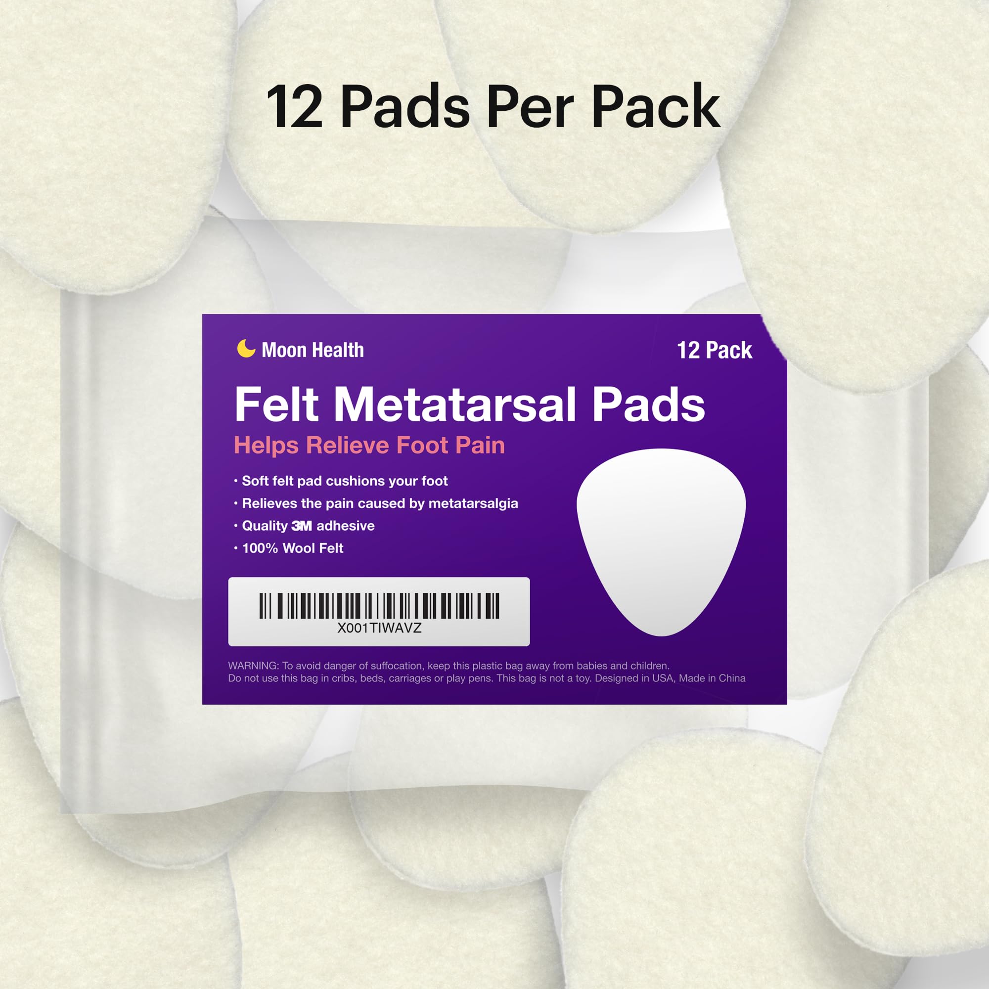 Moon Health etiqueta con material y beneficios para soporte metatarsal