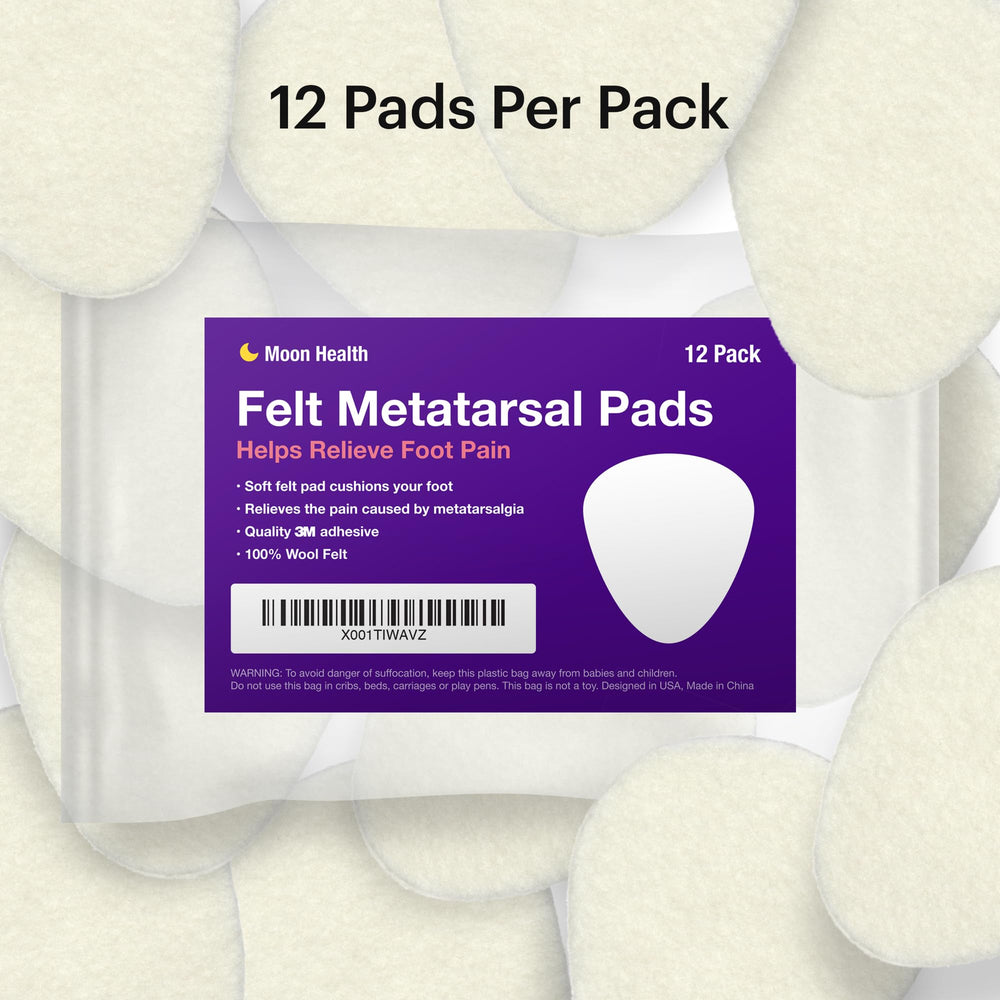 Moon Health etiqueta con material y beneficios para soporte metatarsal