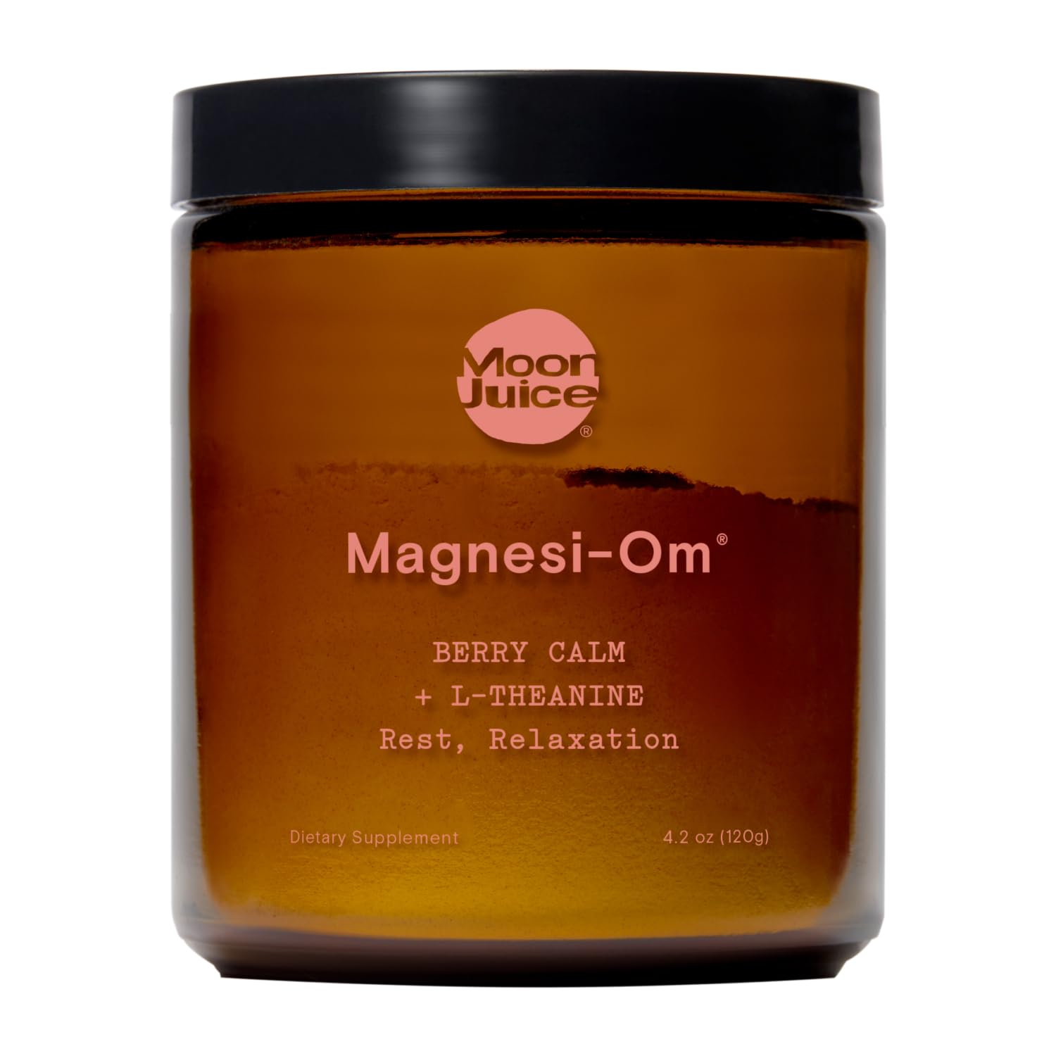Moon Juice frasco frontal mostrando la etiqueta y beneficios relajantes