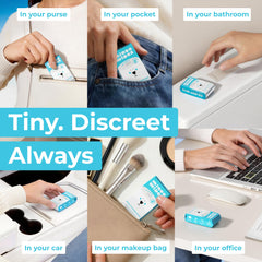MOONIES paquete en bolso y billetera demostrando transporte discreto y ahorro espacio