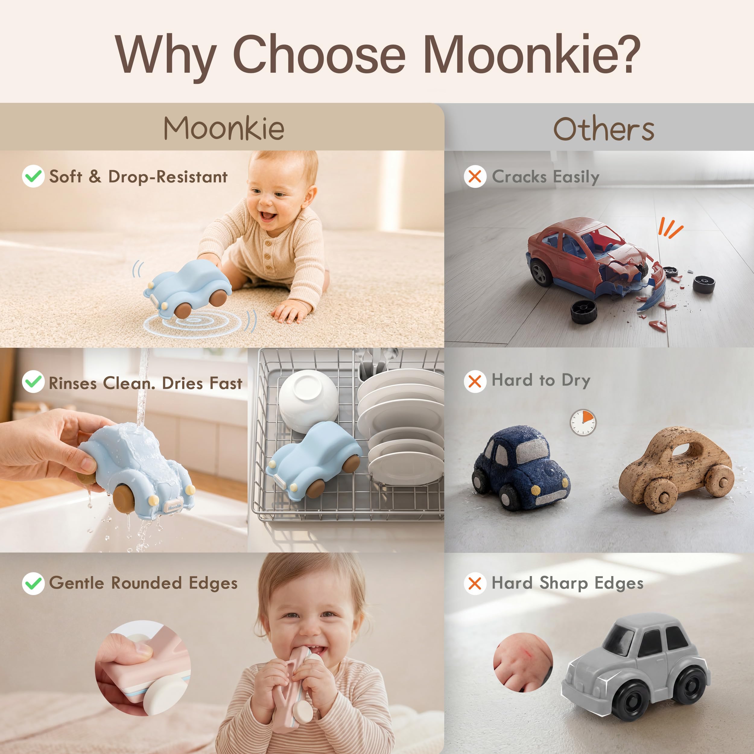 Moonkie etiqueta indicando silicona de grado alimentario, garantiza seguridad