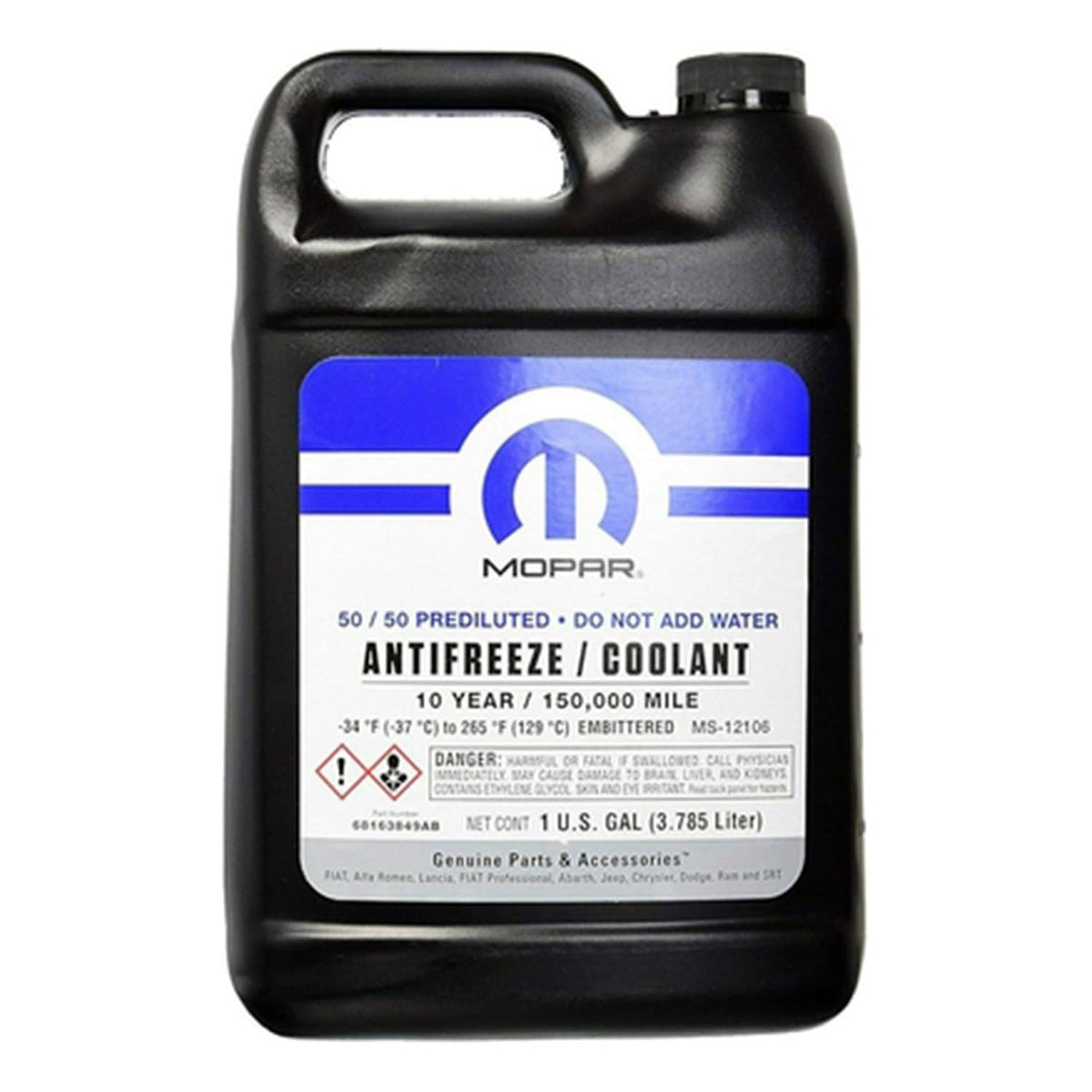 Mopar refrigerante anticongelante frente del envase mostrando etiqueta y beneficio de compatibilidad