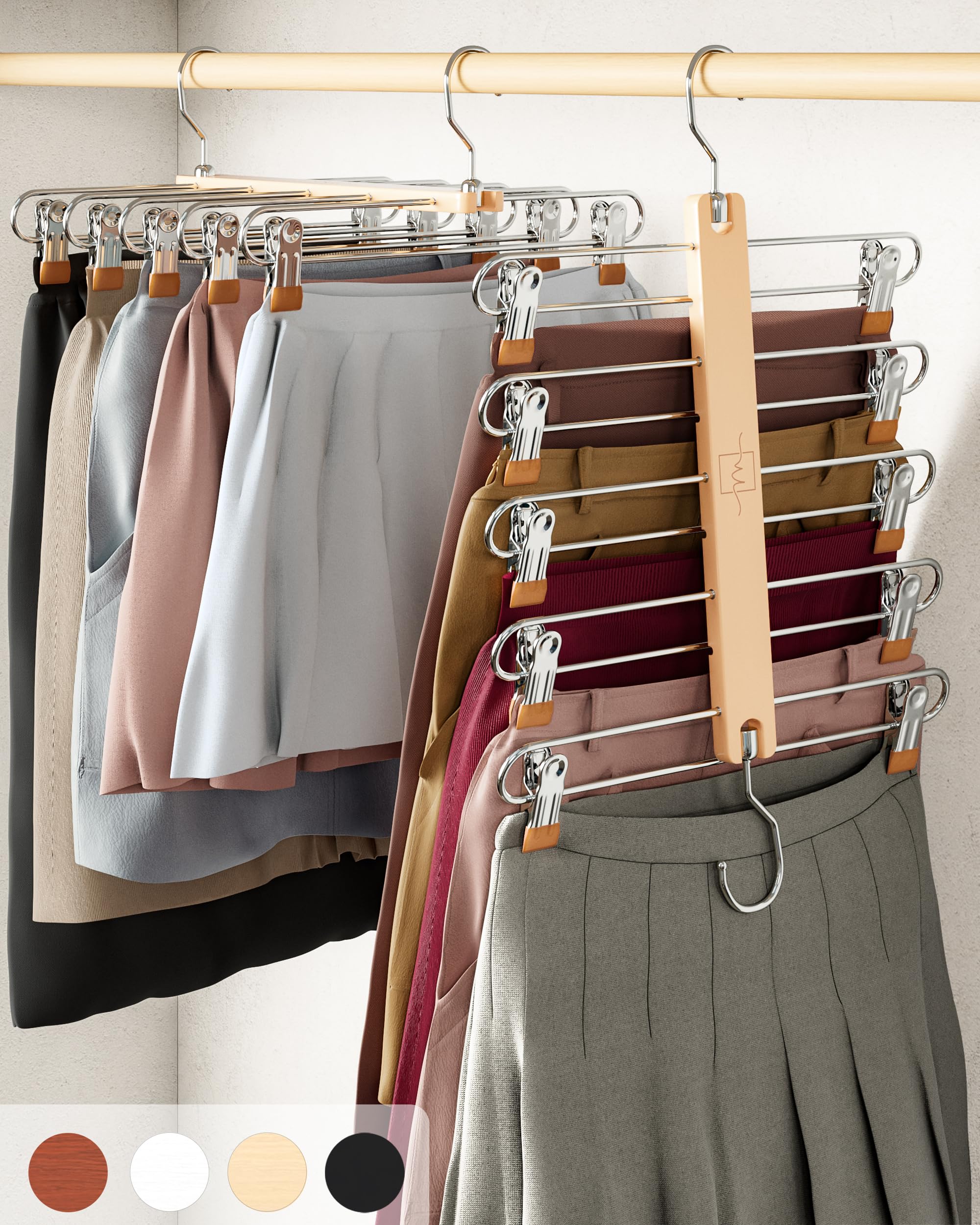 MORALVE front view of two beechwood hangers showing tidy storage benefit