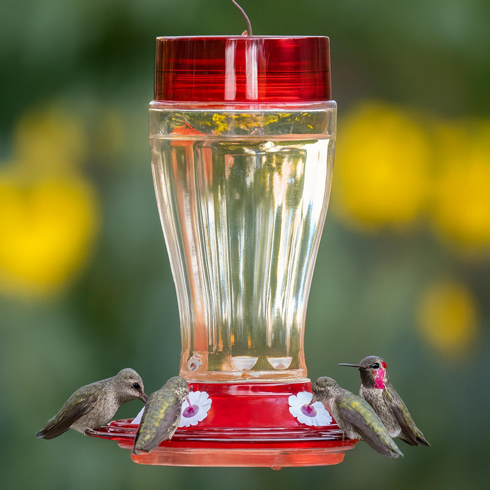More Birds feeder filled with nectar demonstrating large 40-ounce capacity and fewer refills benefit