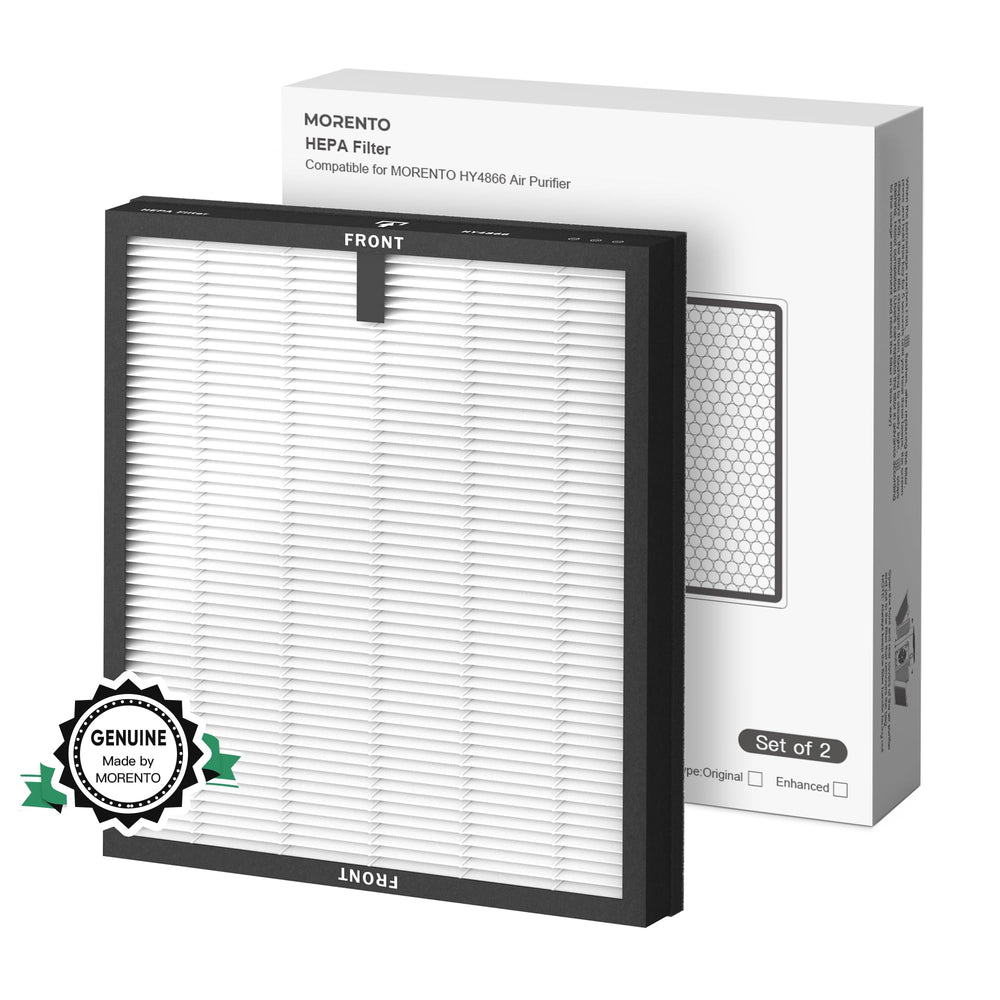 MORENTO paquete frontal de 2 filtros HY4866 mostrando caja y beneficios