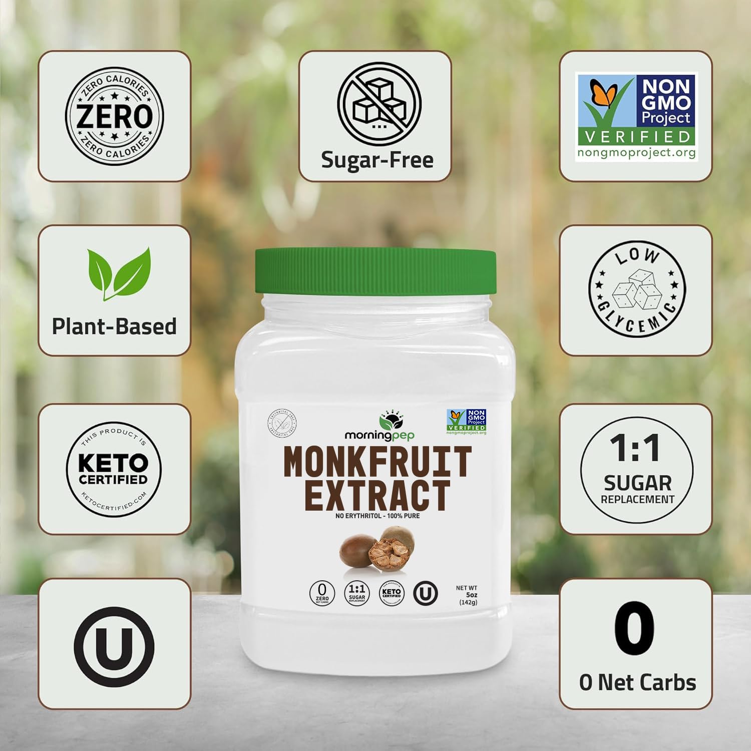 Morning Pep etiqueta con certificaciones Non-GMO, Keto y OU Kosher visibles