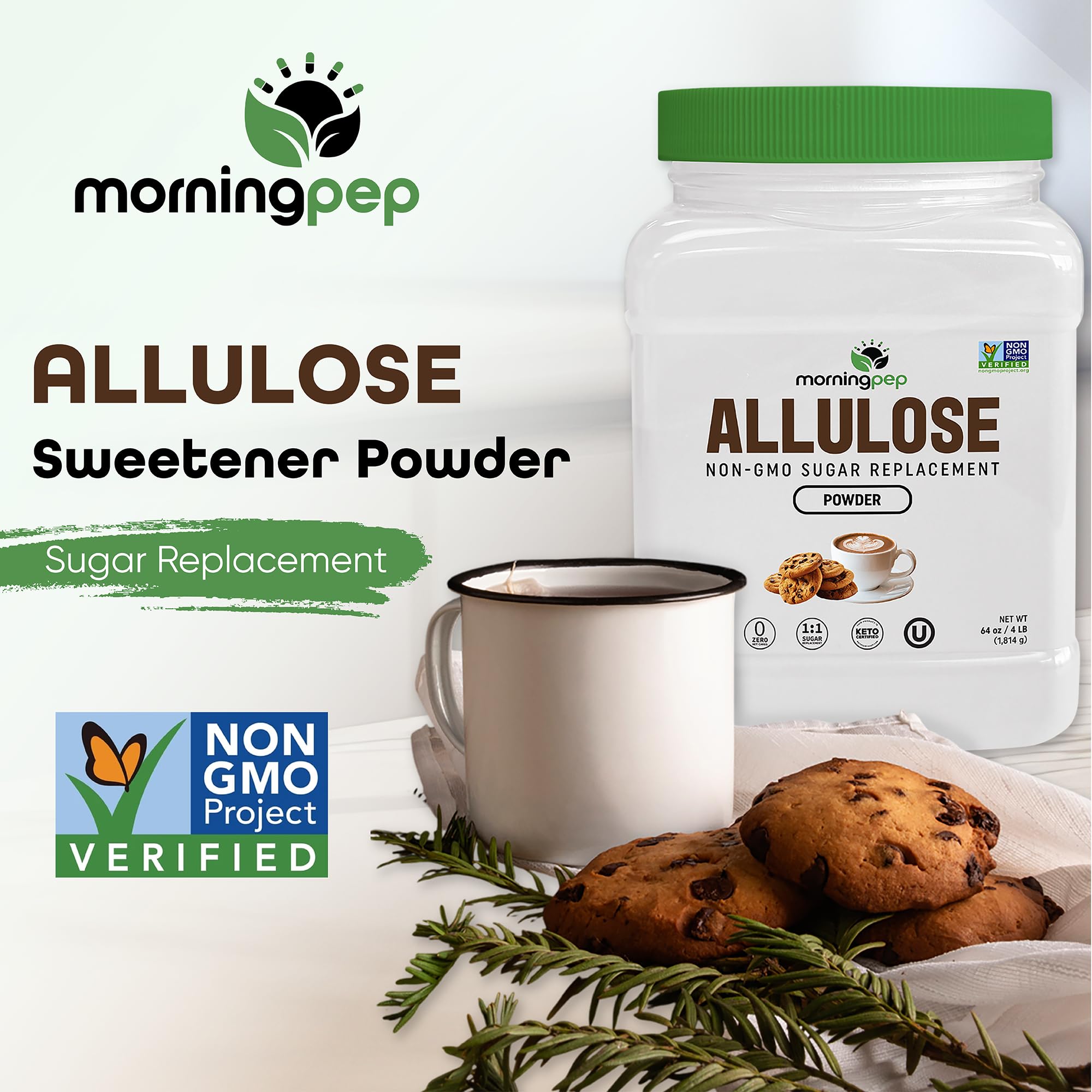 Morning Pep label close-up showing Non‑GMO, Keto, and OU Kosher certifications