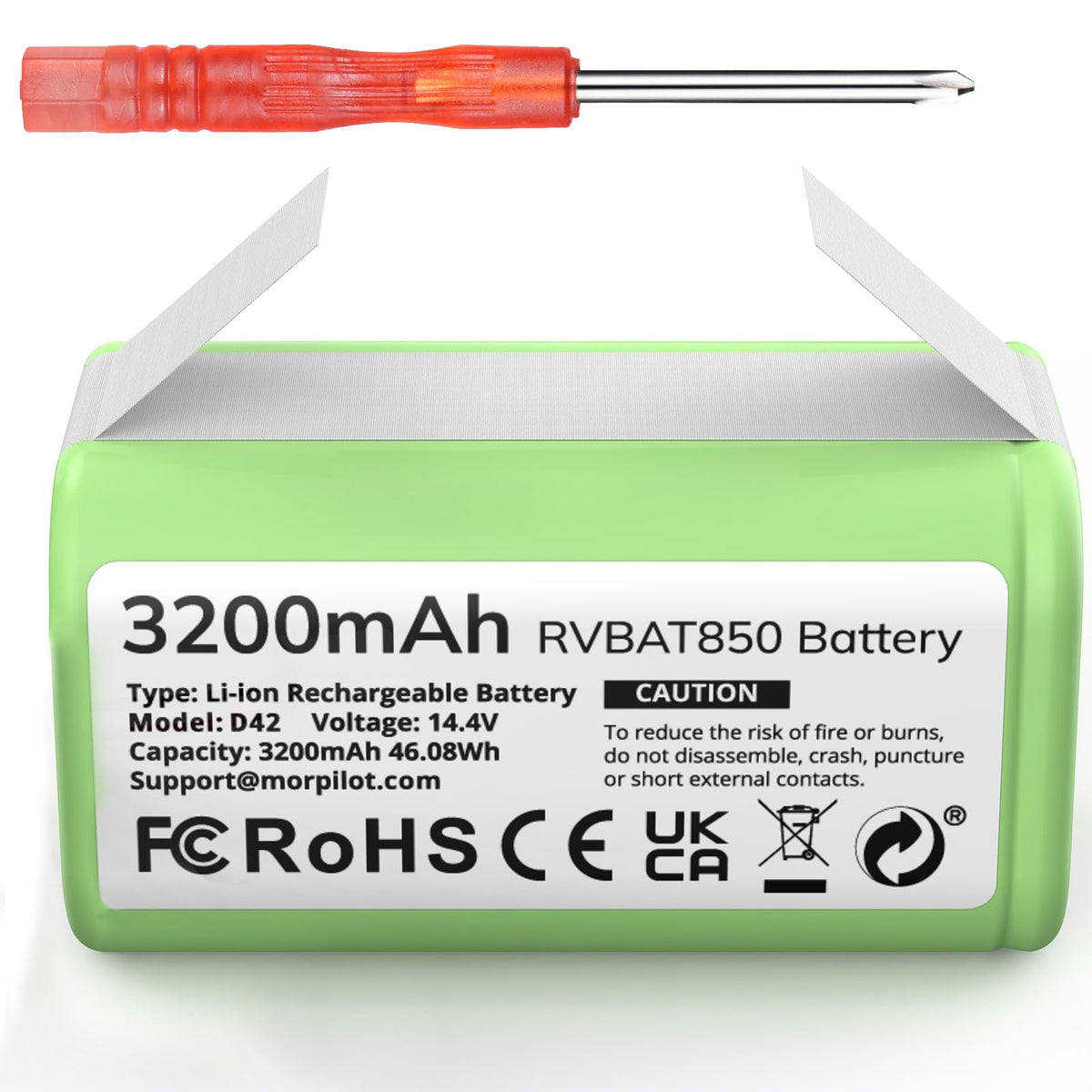 Morpilot RVBAT850 vista frontal mostrando tamaño y etiqueta beneficiosa