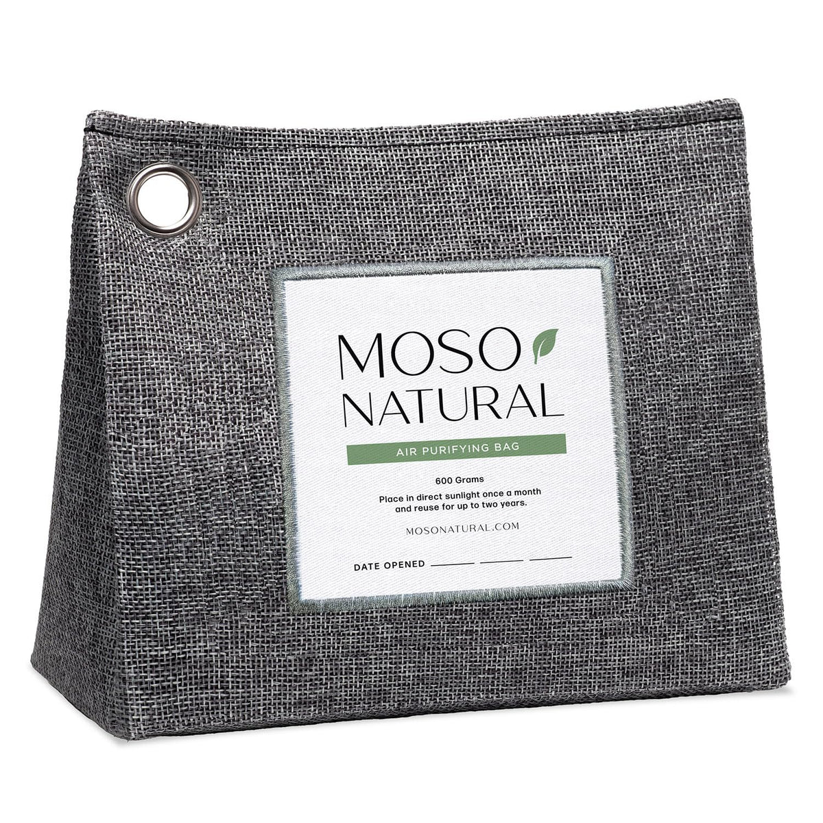 MOSO NATURAL bolsa frontal mostrando etiqueta y tamaño, refresca ambientes grandes