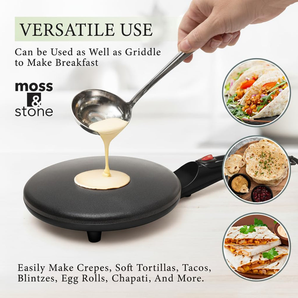 Moss & Stone crepe maker in use with thin crepe demonstrates quick cooking benefit
