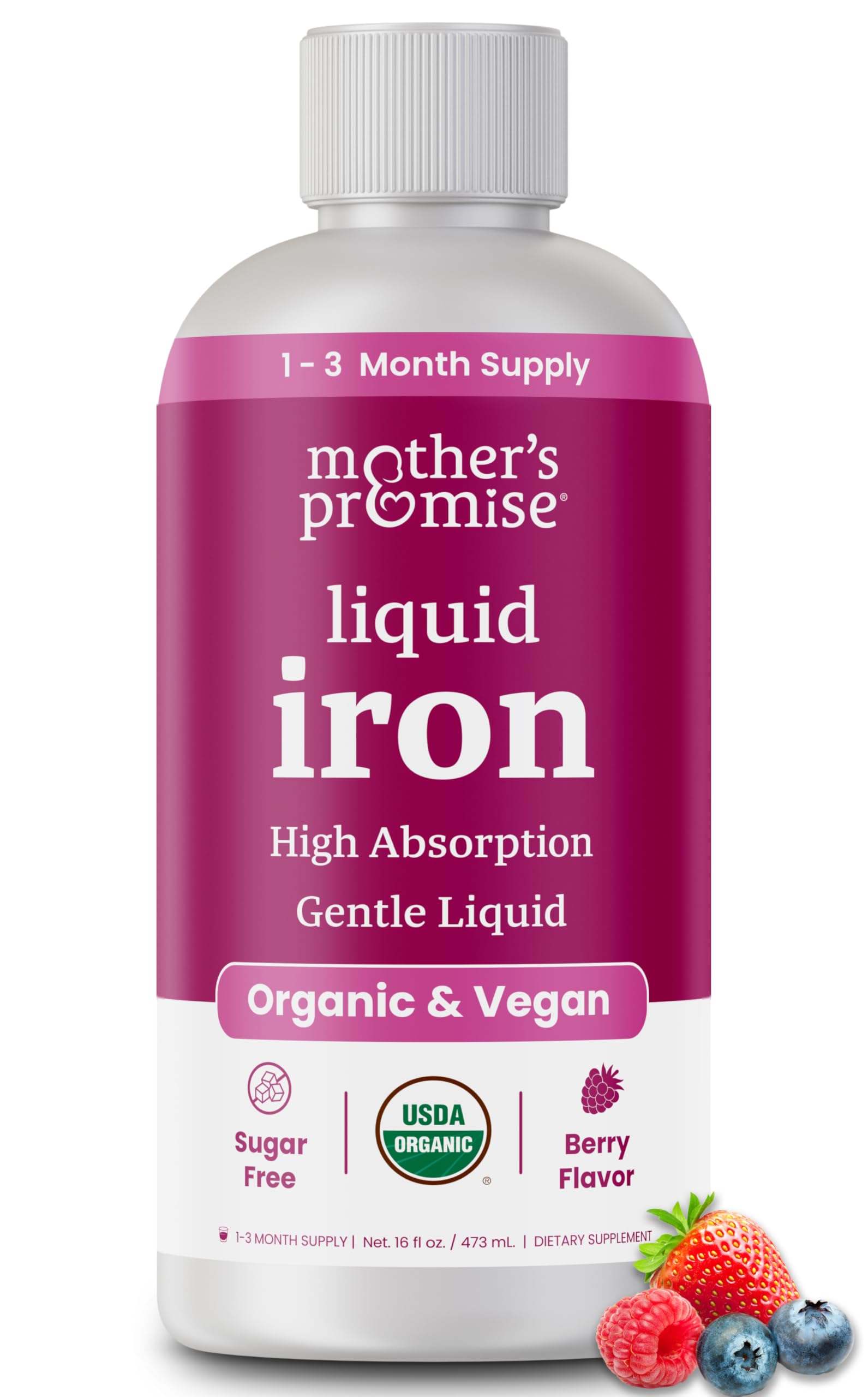 Mother's Promise frontal de la botella de hierro líquido con etiqueta clara y beneficios