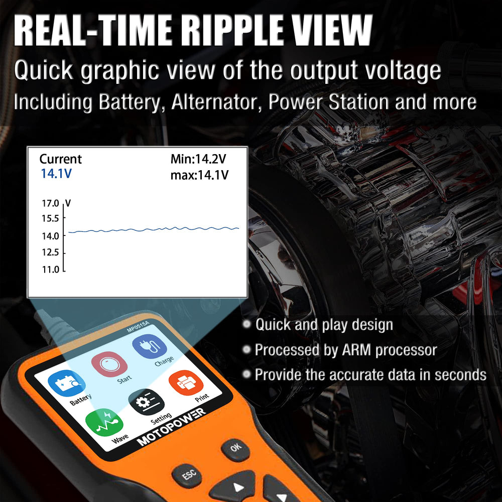 MOTOPOWER MP0515A mostrando curva de salida en tiempo real para análisis preciso