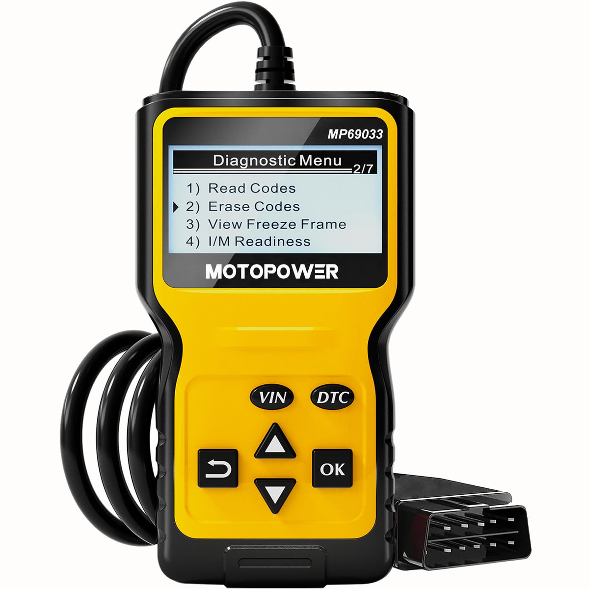 MOTOPOWER MP69033 vista frontal con pantalla y carcasa resistente, fácil identificación