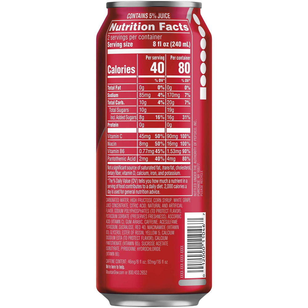 Mountain Dew Kickstart detalle de la lata con etiqueta legible y colores vibrantes