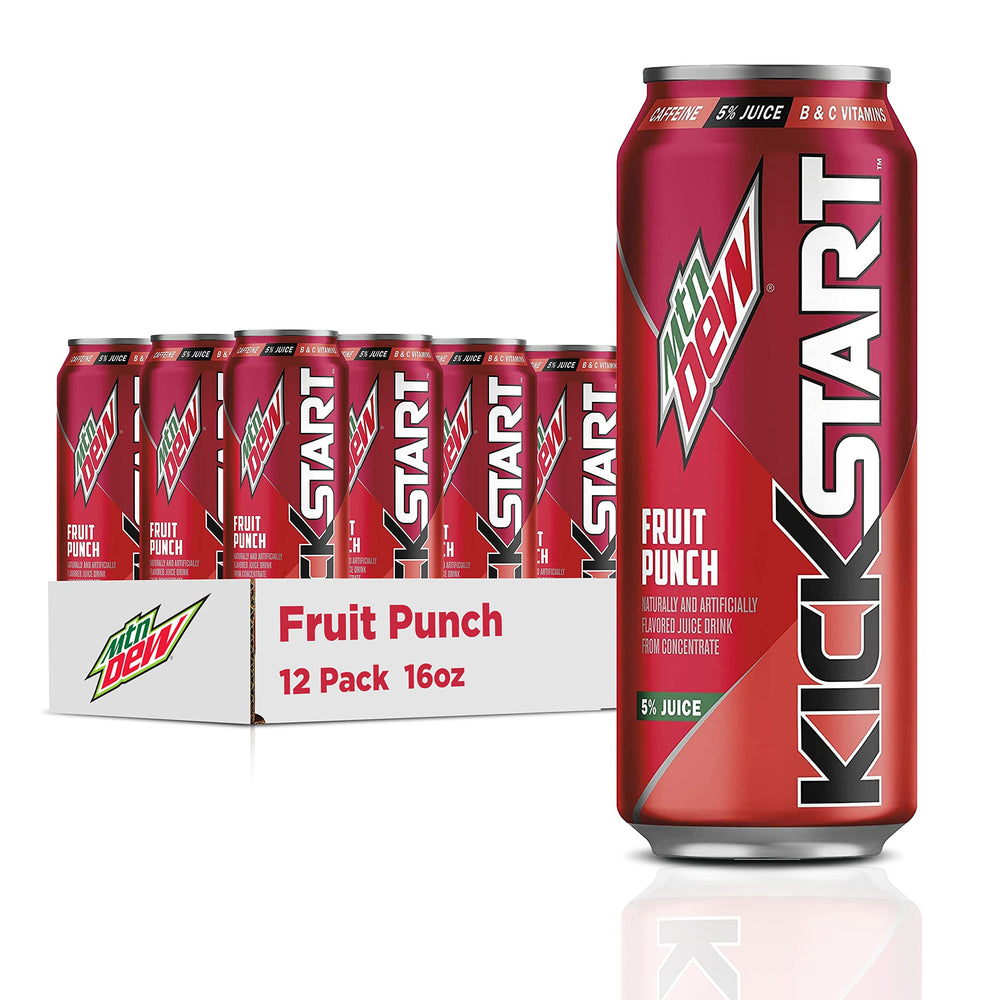 Mountain Dew Kickstart frente del paquete de 12 latas mostrando diseño y marca