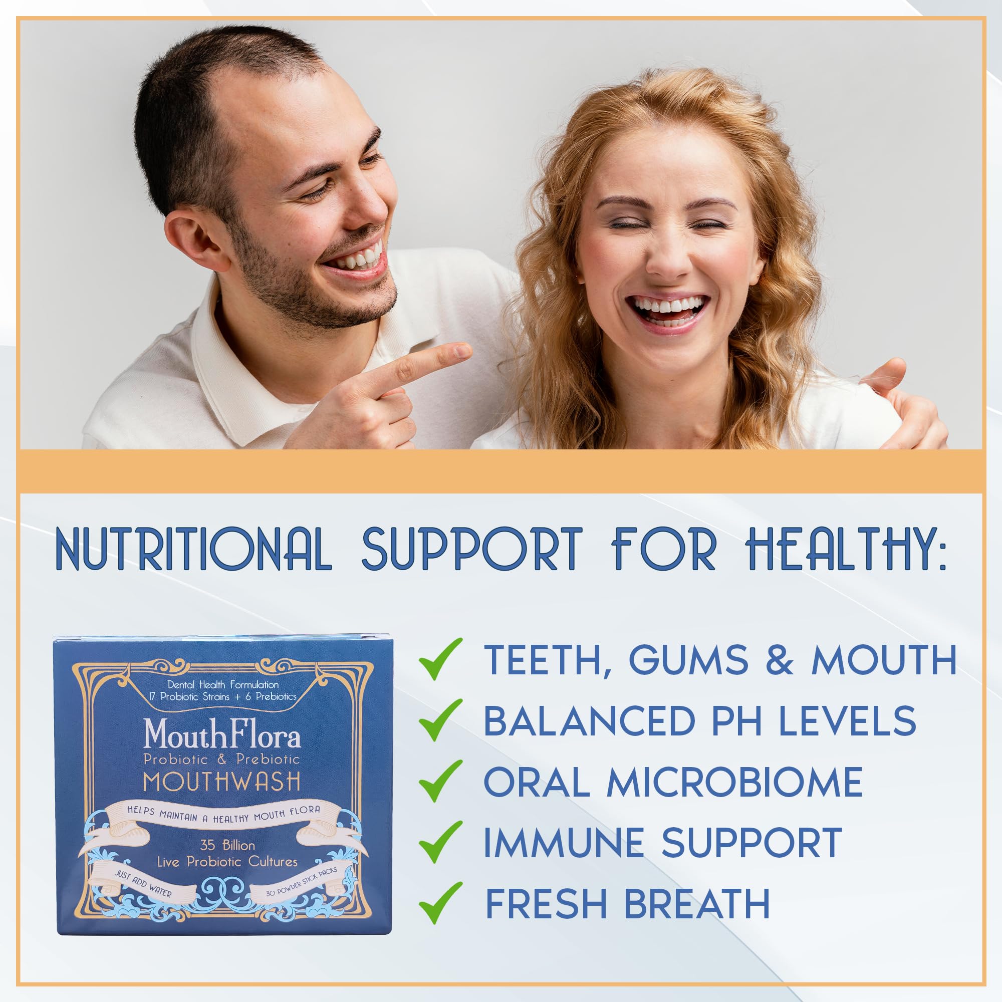 MouthFlora etiqueta con lista de cepas e ingredientes, transparencia informativa