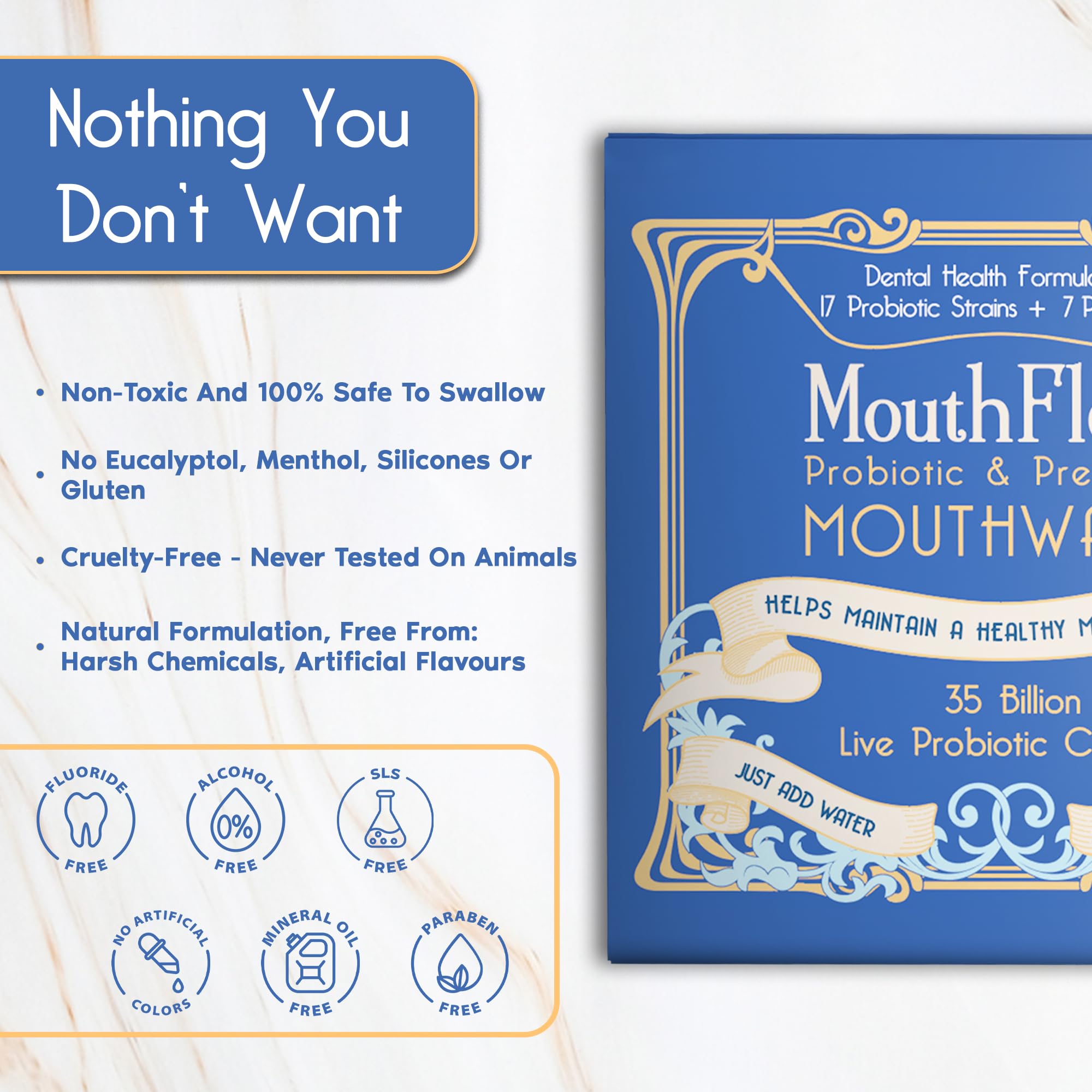 MouthFlora persona enjuagando la boca con el producto, acción suave para sensibilidad