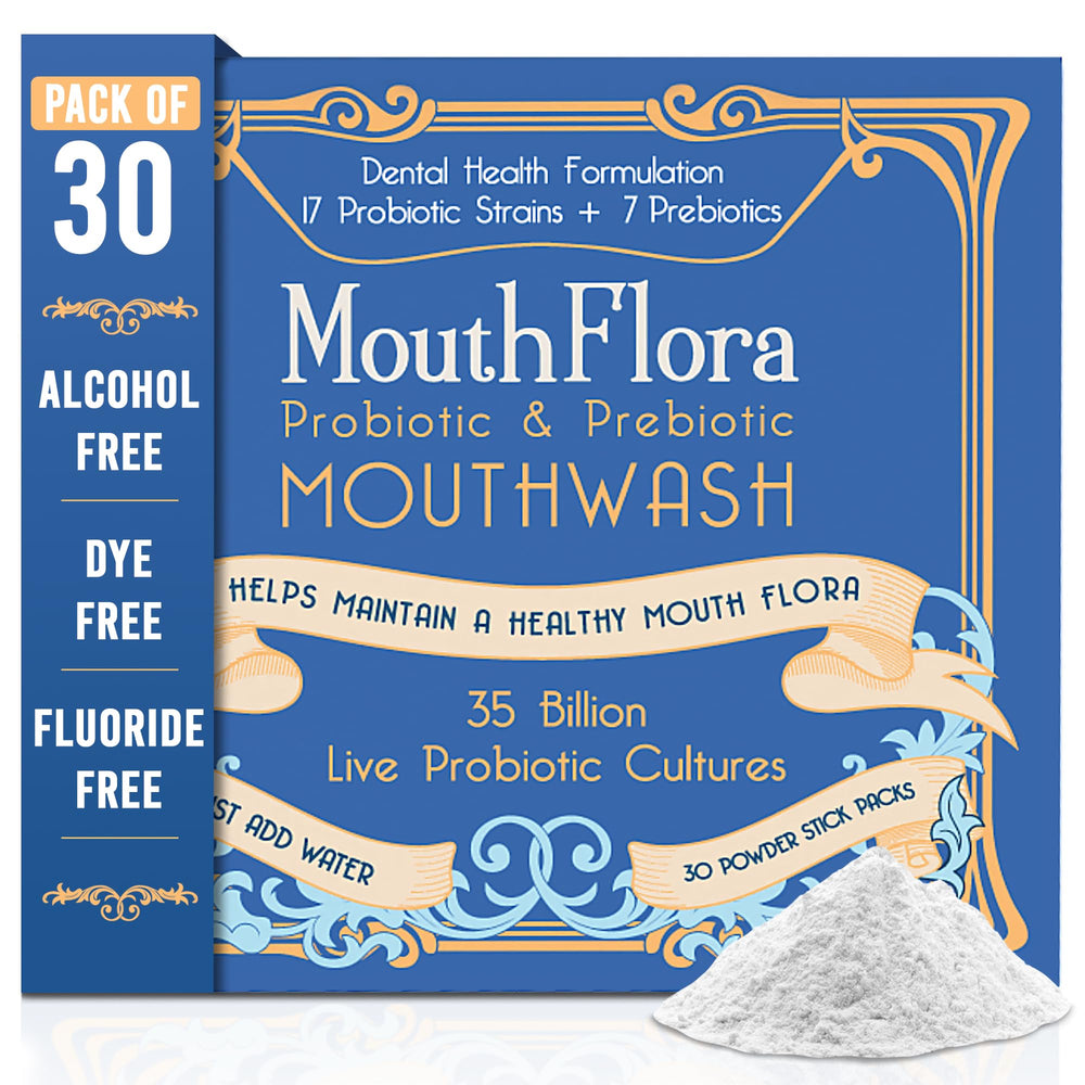 MouthFlora frente del envase con 30 sobres, presentación higiénica