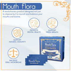 MouthFlora sobre abierto mostrando polvo en textura fina, fácil disolución