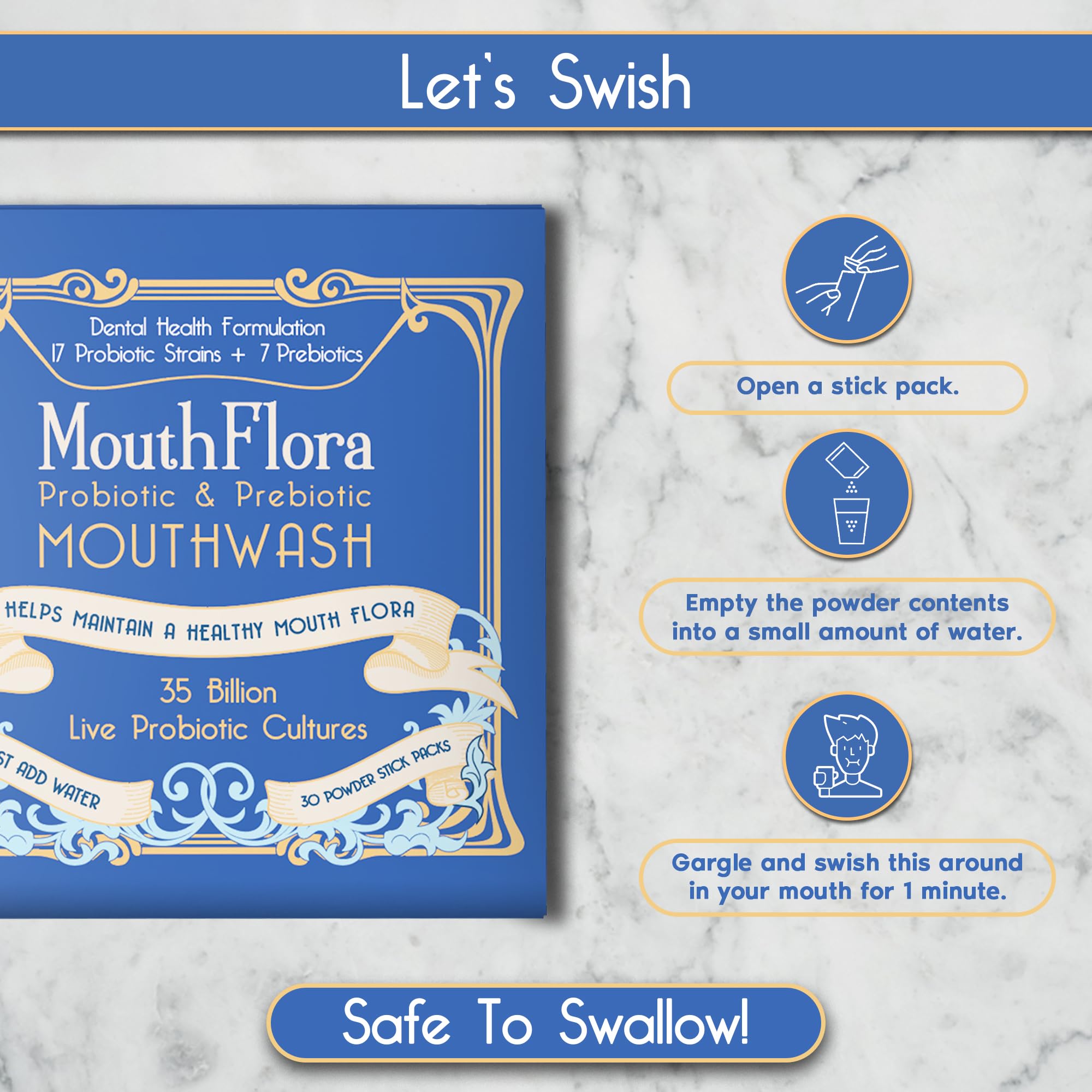 MouthFlora sobre junto a una moneda para comparar tamaño y portabilidad