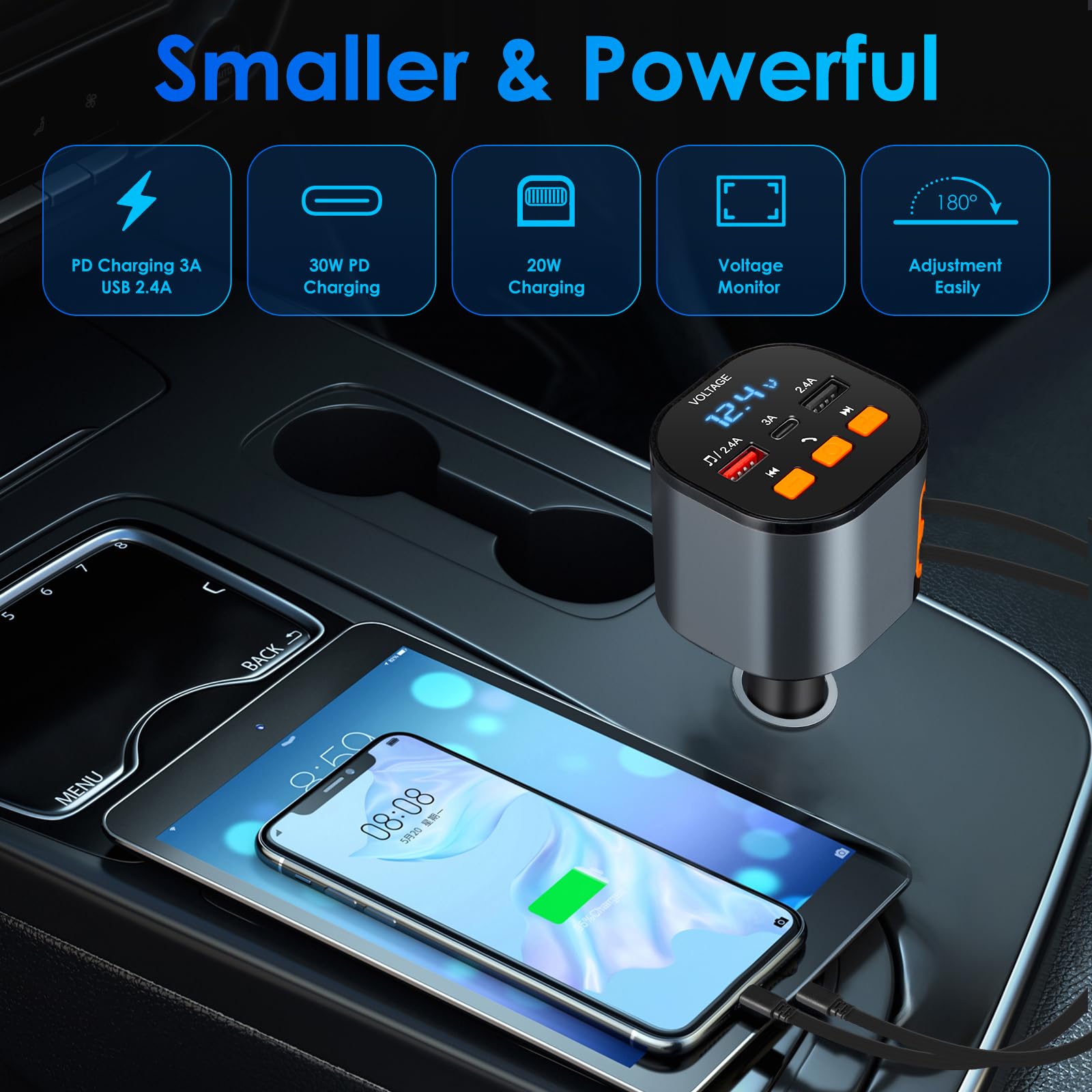 MQOUNY en uso con teléfono mostrando navegación por voz, conecta y transmite audio al coche