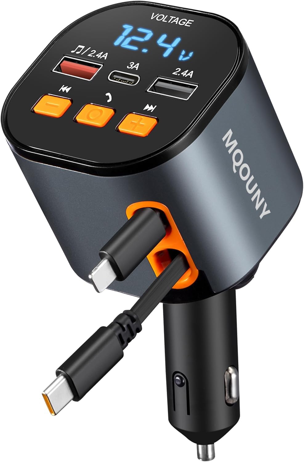 MQOUNY frontal del adaptador de coche mostrando botones y pantalla, organización y funcionalidad