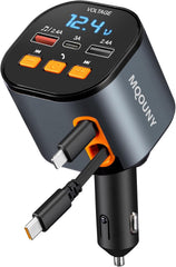 MQOUNY frontal del adaptador de coche mostrando botones y pantalla, organización y funcionalidad