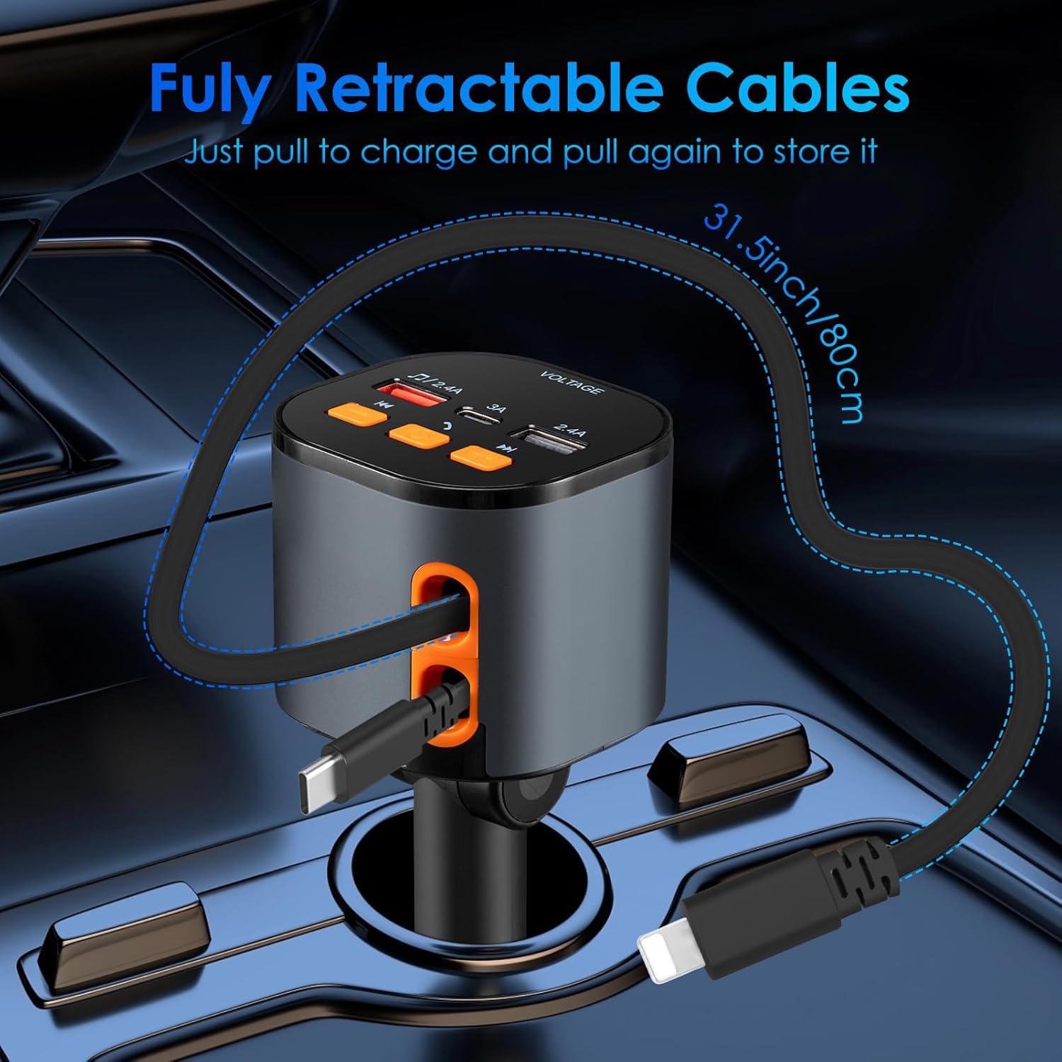 MQOUNY vista de puertos USB-C y USB-A con etiquetas de potencia, carga rápida hasta 90W